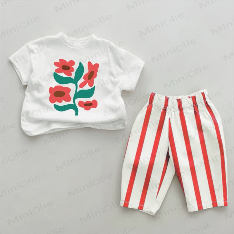 Baby Red Floral Striped 2-piece Set - White&Red - 2-3T - image 1