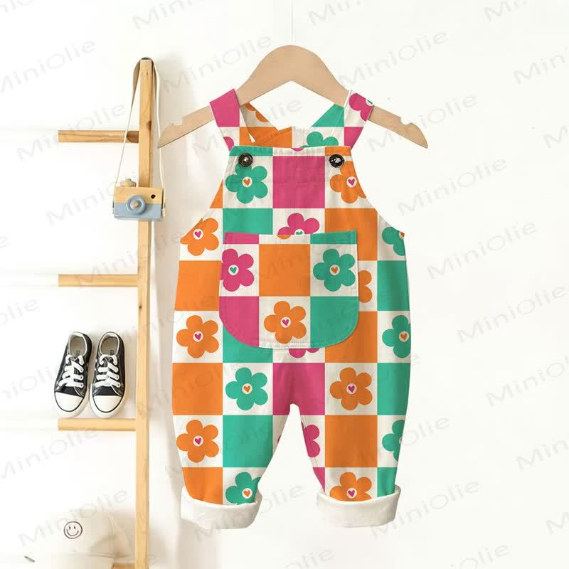 Baby Toddler Floral Checkerboard Overalls  - Beige - 3-5T - image 1