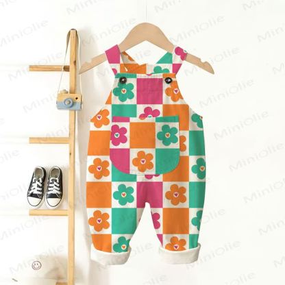 Baby Toddler Floral Checkerboard Overalls  - Beige - 3-5T - image 1