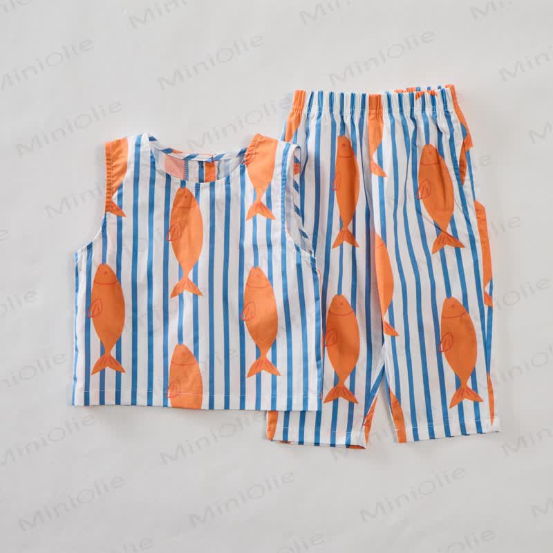 Baby Toddler Fish Striped Sleeveless 2-piece Set - Blue - 5-7T - image 1