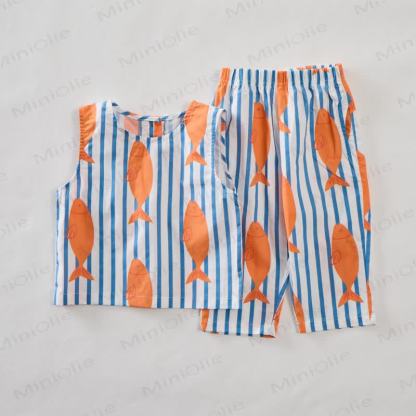 Baby Toddler Fish Striped Sleeveless 2-piece Set - Blue - 5-7T - image 1