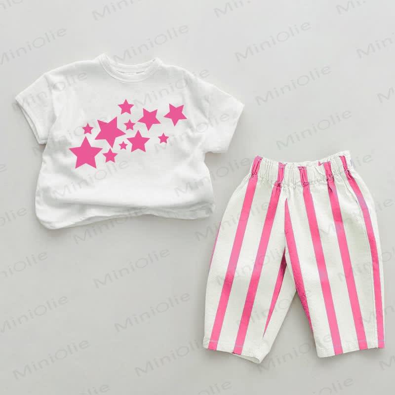 Baby Pink Stars Vertical Striped 2-piece Set - White&Pink - 2-3T - image 1