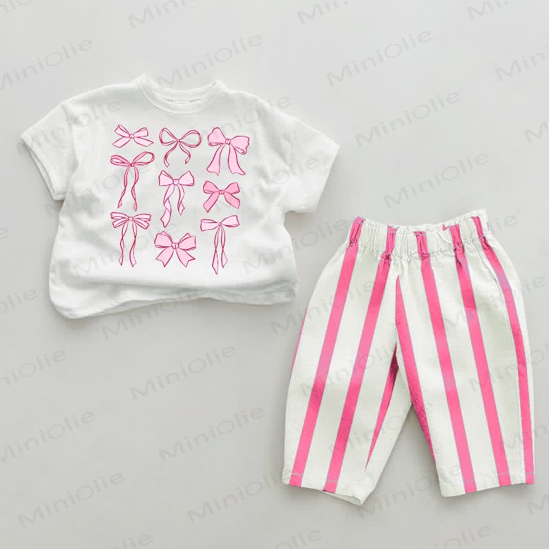 Baby Pink Bows Vertical Striped 2-piece Set - White&Pink - 2-3T - image 1