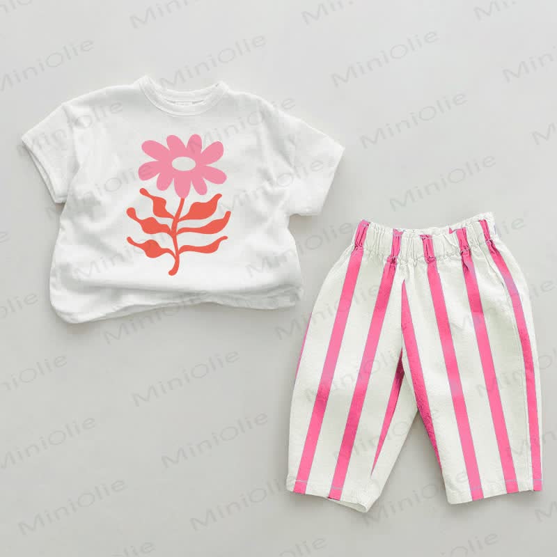 Baby Pink Flower Vertical Striped 2-piece Set - White&Pink - 2-3T - image 1