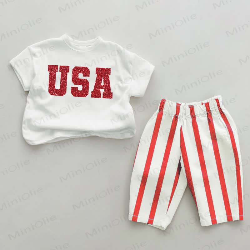 USA Baby Red Striped Pants 2-piece Set - White&Red - 2-3T - image 1