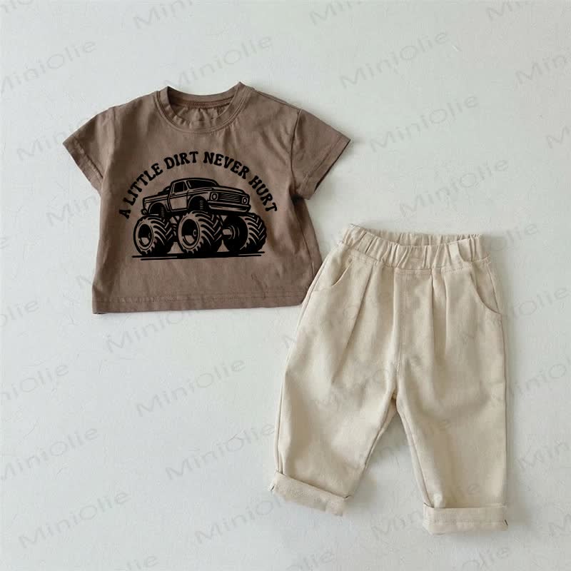 A LITTLE DIRT NEVER HURT Baby Truck Brown T-shirt and Beige Pants 2-piece Set - Brown - 2-3T - image 1