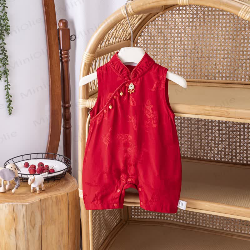 Baby Knot Button Sleeveless Romper - Red - 2-3T - image 3