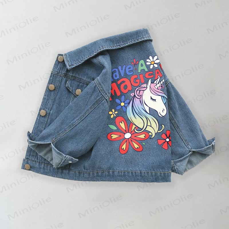 HAVE A MAGICAL Toddler Kid Girls Floral Unicorn Denim Jacket - Blue - 10-11T - image 1