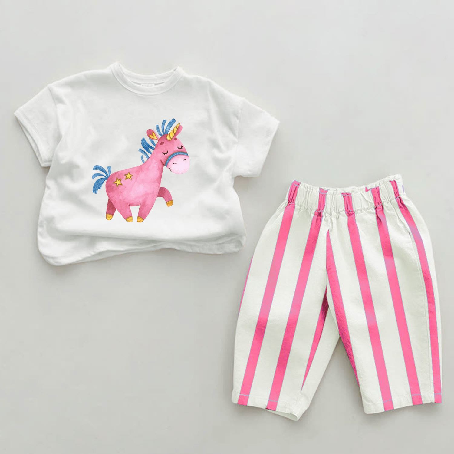 Baby Pink Unicorn Vertical Striped 2-piece Set - White&Pink - 2-3T - image 1