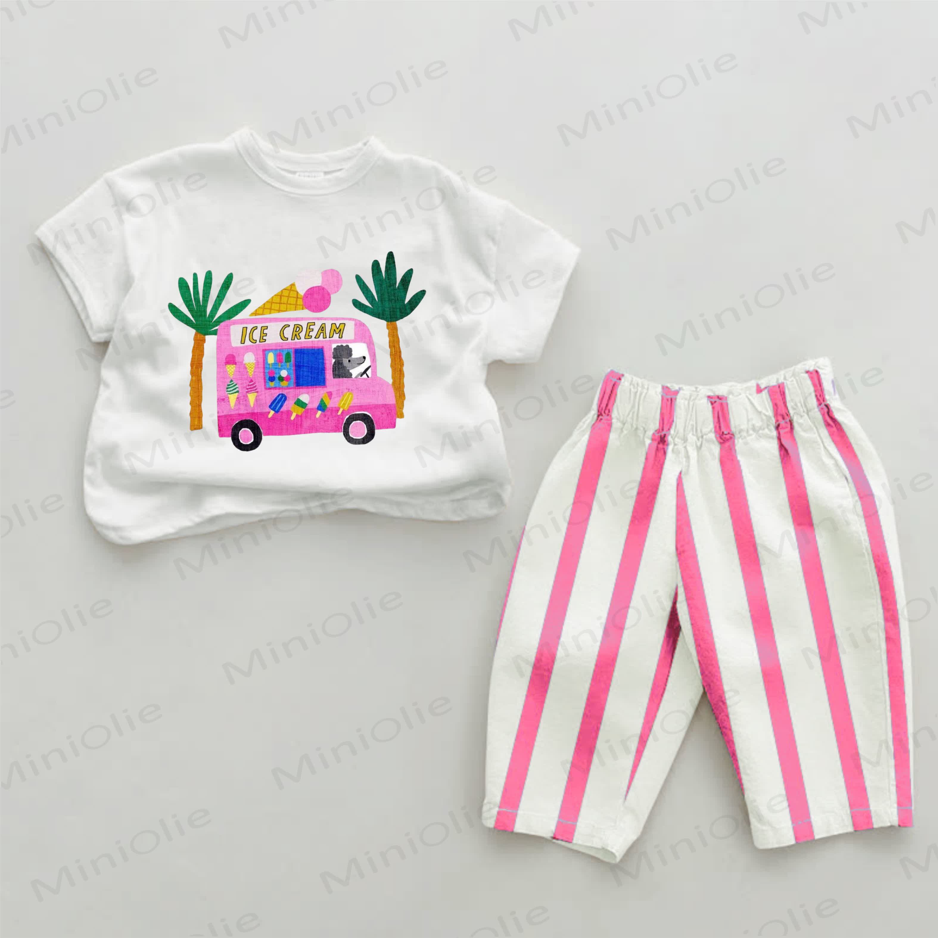 ICE CREAM Baby Pink Truck Vertical Striped 2-piece Set - White&Pink - 2-3T - image 1
