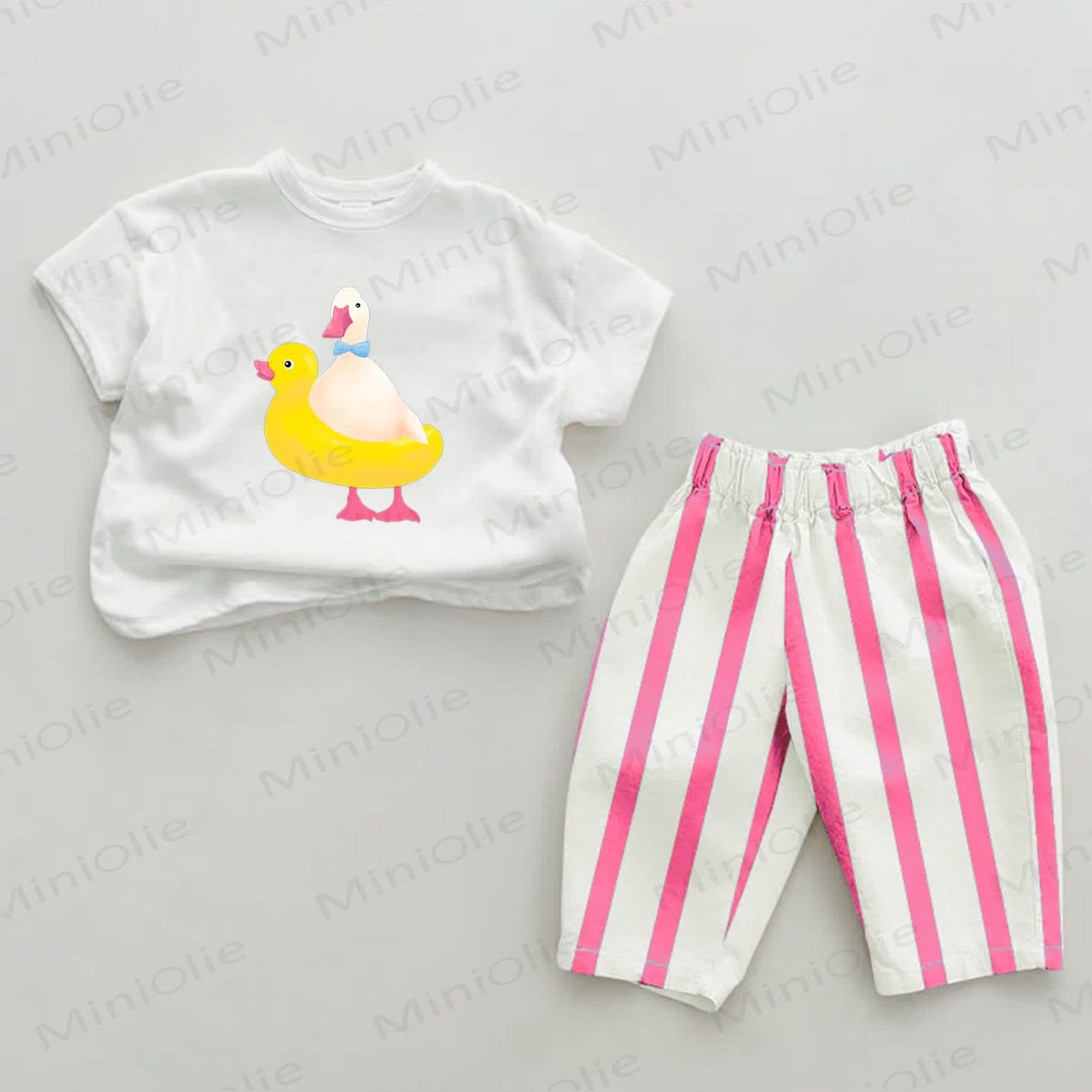 Baby Pink Duck Vertical Striped 2-piece Set - White&Pink - 2-3T - image 1