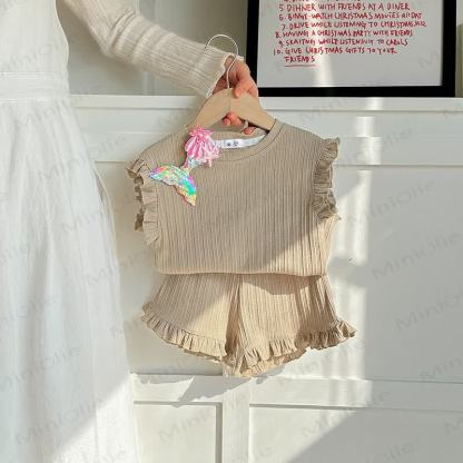 Toddler Girls Solid Color Vest and Shorts 2-piece Set - Khaki - 8-9T - image 6