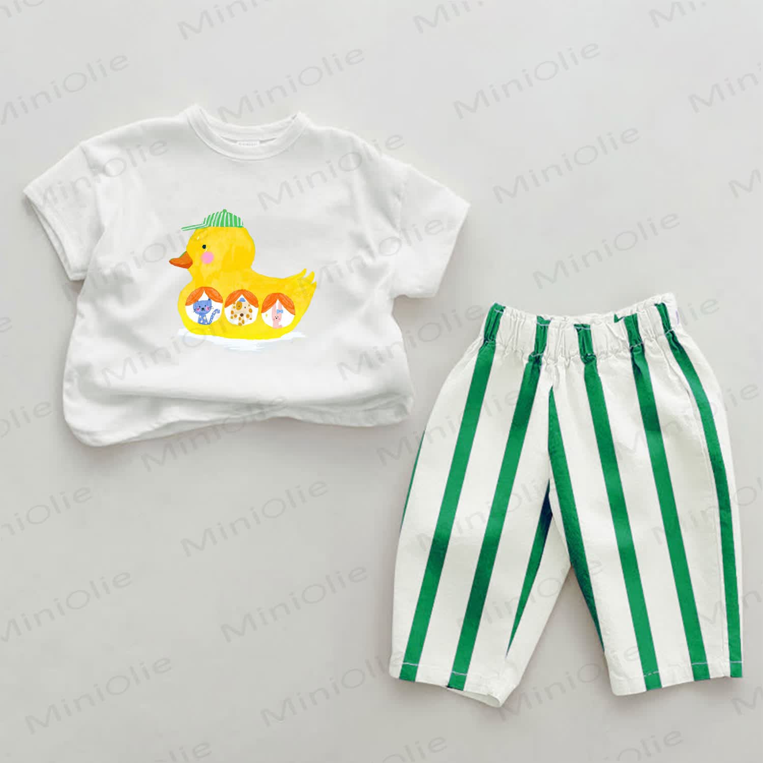 Baby Green Duck Striped 2-piece Set - White&Green - 2-3T - image 1