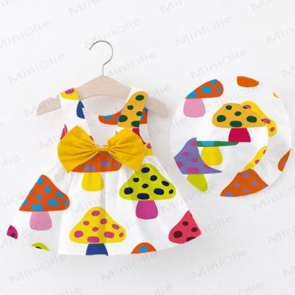 Baby Girl Multicolor Mushroom Print Dress with Hat - White - 2-3T - image 1