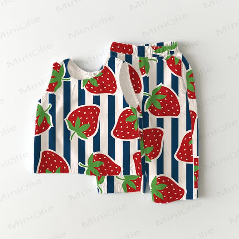 Baby Toddler Blue&White Striped Strawberry Print Sleeveless 2-piece Set - White - 5-7T - image 1