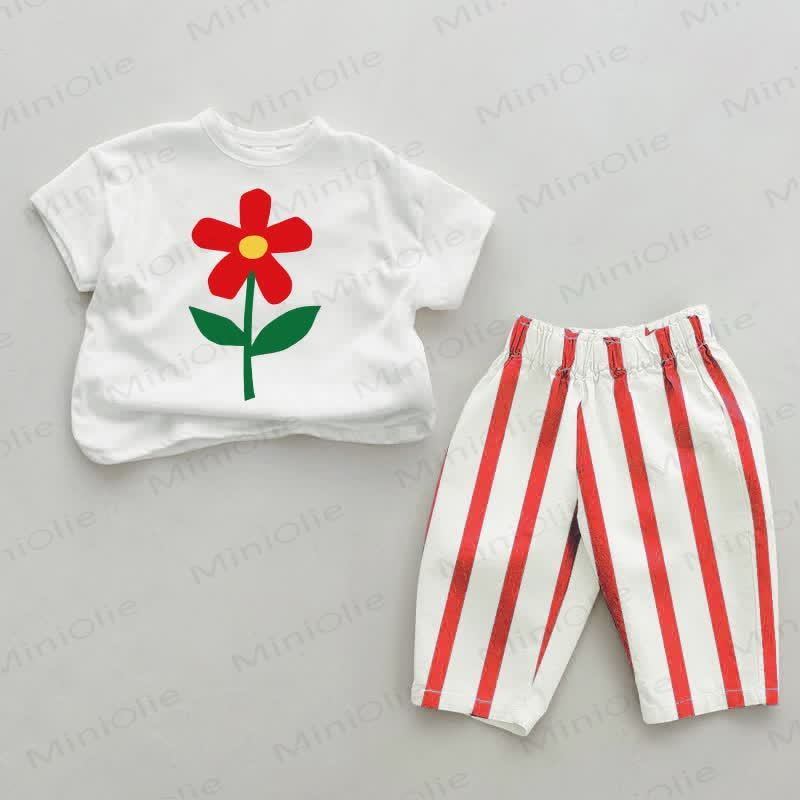 Baby Red Flower Striped Pants 2-piece Set - White&Red - 2-3T - image 1