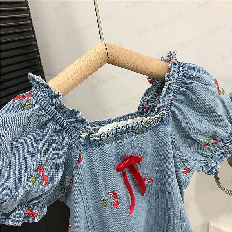 Toddler Girls Cherry Blue Denim Dress - image 3