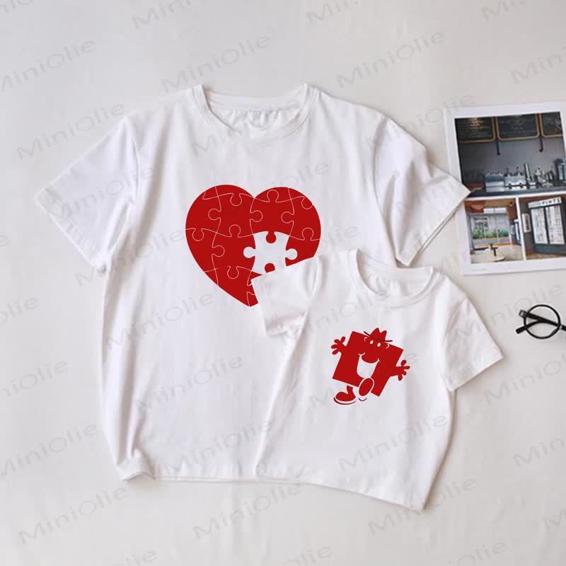Family Matching White Heart-shaped Puzzle T-Shirt - White - Adult T-Shirt: XL - image 1