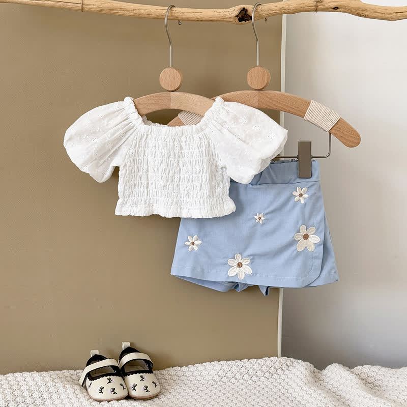 Baby Girl Puff Sleeve Top and Shorts Set - White - 2-3T - image 1