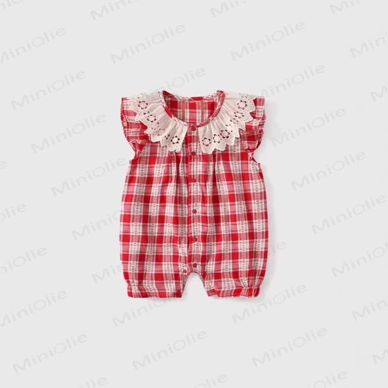 Baby Plaid Pleated Collar Sleeve Romper - Red - 18-24M - image 1