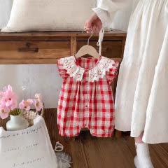 Baby Plaid Pleated Collar Sleeve Romper - image 2