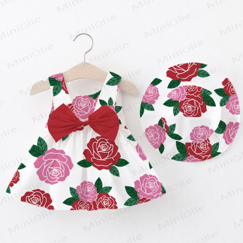 Baby Girl Bowknot White Rose Print Dress with Hat - White - 2-3T - image 1