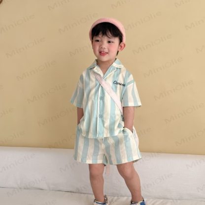 Toddler Kid Striped Cotton Linen Casual Set - Blue - 10-11T - image 3