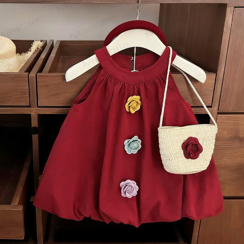 Toddler Girl High Neck Floral A Line Dress - Red - 8-9T - image 1
