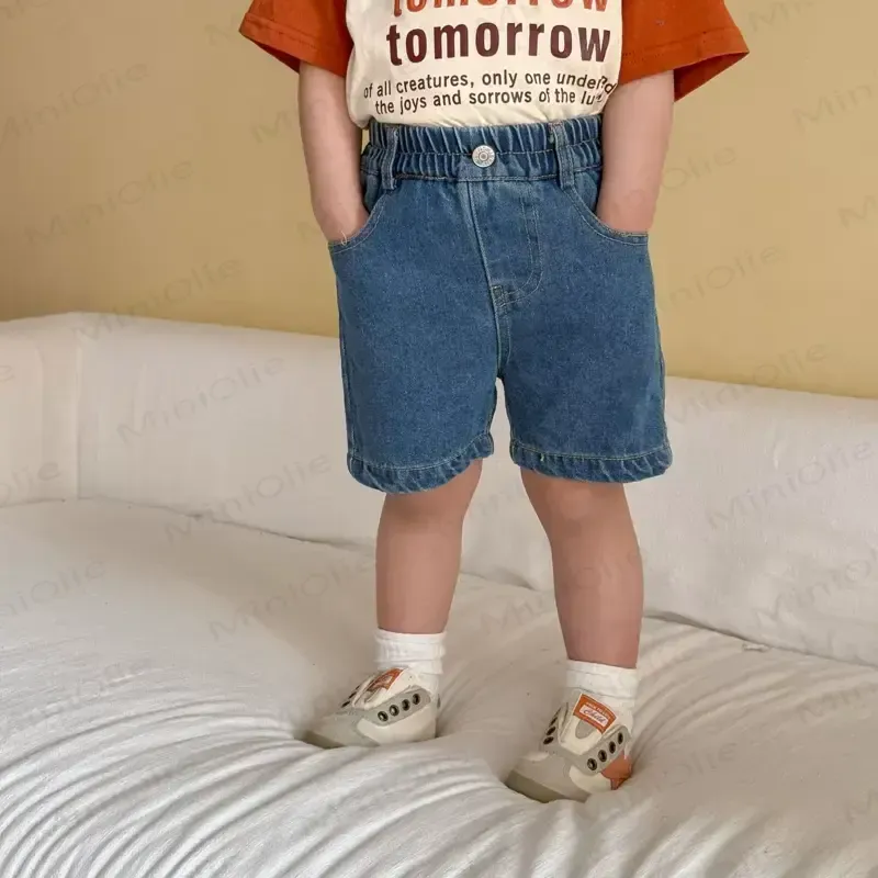 Toddler Kid Solid Color Elastic Waist Denim Shorts - Blue - 10-11T - image 2