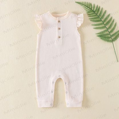 Baby Solid Color Ribbed Flutter Sleeve Romper - Beige - 12M - image 5