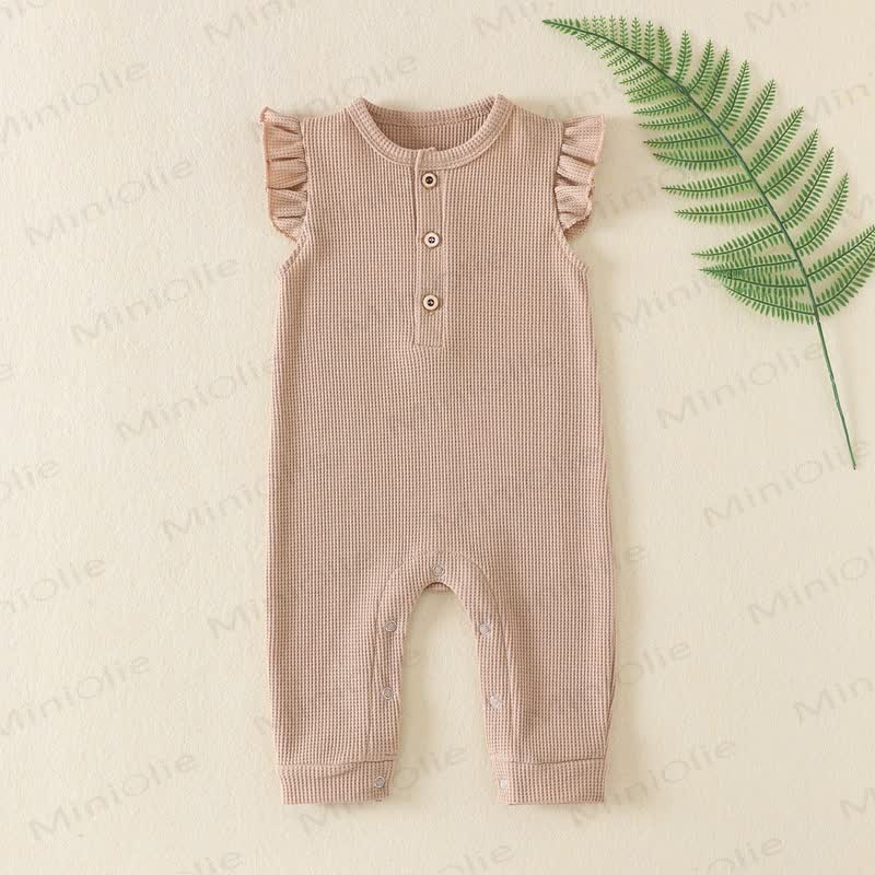Baby Solid Color Ribbed Flutter Sleeve Romper - Camel - 12M - image 2