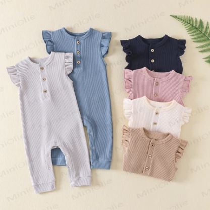 Baby Solid Color Ribbed Flutter Sleeve Romper - image 1
