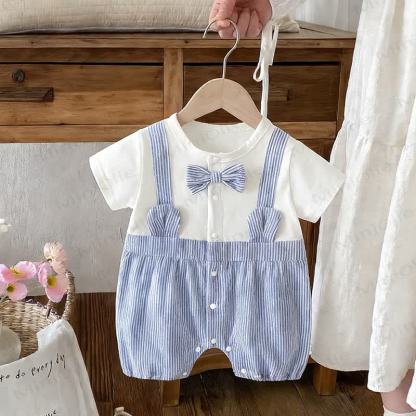 Baby Bow Tie Blue and White Striped Short-Sleeve Romper - White - 18-24M - image 1