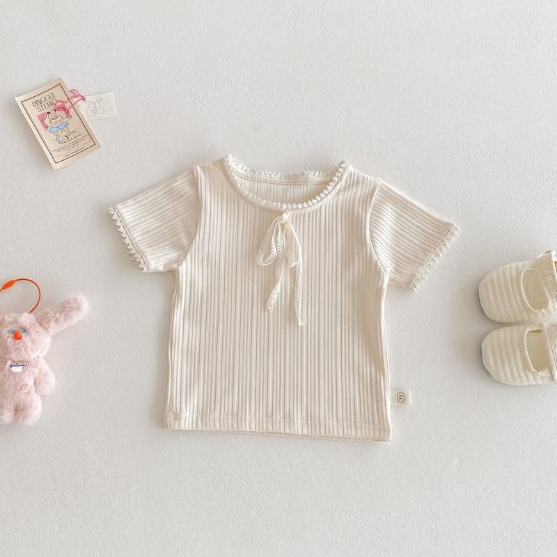 Baby Toddler Girl Ribbed Knit Lace Trim T-shirt - Beige - 4-5T - image 2