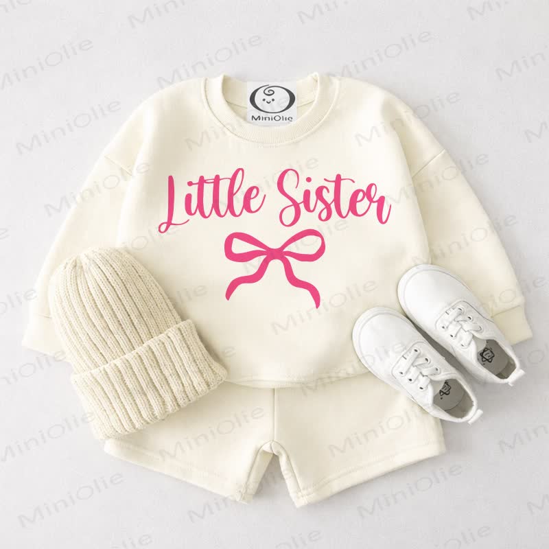 BIG/LITTLE SISTER Baby Cream White Bowknot Sweatshirt and Shorts 2-piece Set - Little - 3-4T - image 2