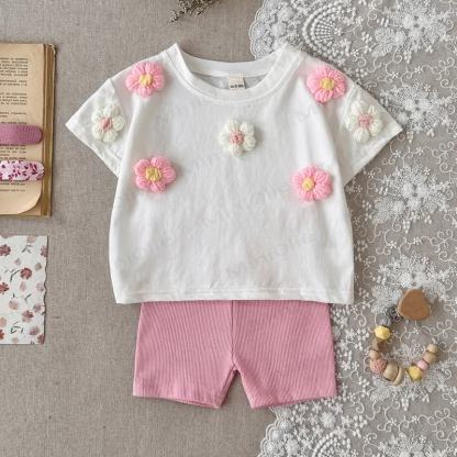 Baby Girl Summer Cotton Flower Top and Shorts Set - White - 2-3Y - image 1