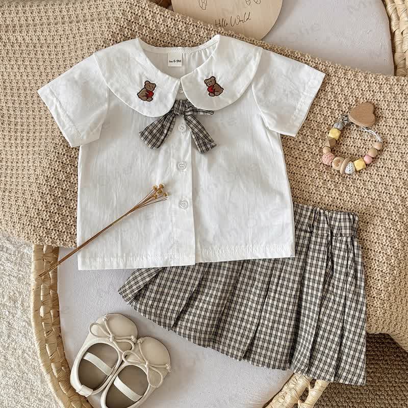 Baby Girl Cotton Bear Bow Top with Plaid Skirt Set - White - 2-3T - image 1