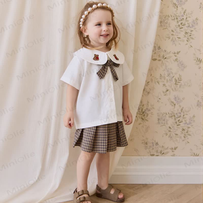 Baby Girl Cotton Bear Bow Top with Plaid Skirt Set - image 2