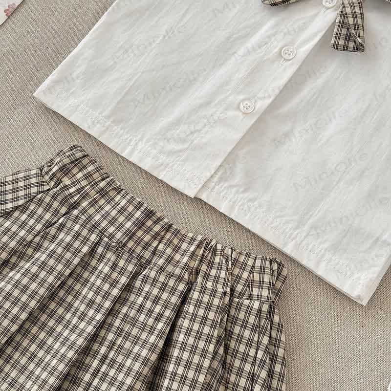 Baby Girl Cotton Bear Bow Top with Plaid Skirt Set - image 3