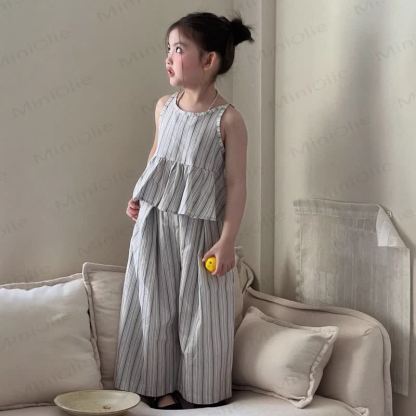 Toddler Girl Summer Striped Ruffle Vest and Pants Set  - Gray - 10-11T - image 1