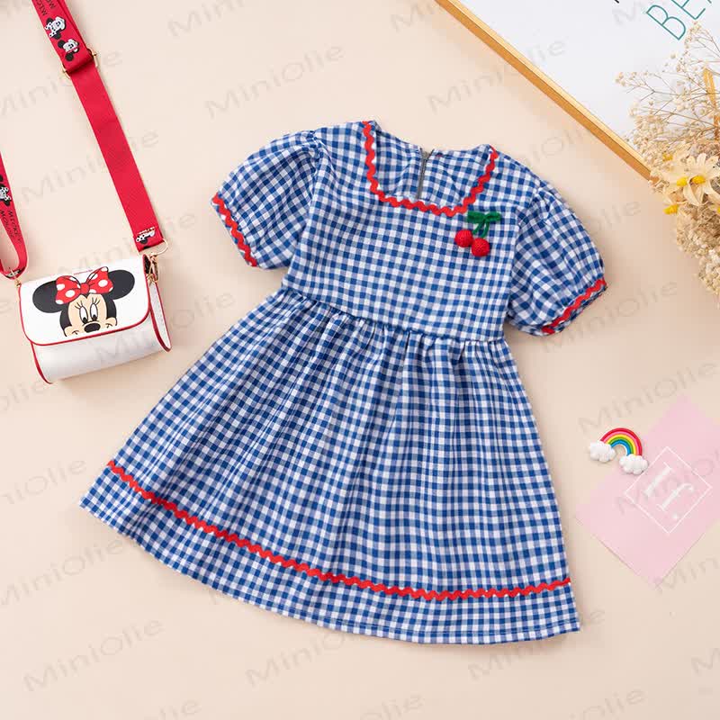 Toddler Girl Summer Gingham Cherry Patch Dress - Blue - 4-5T - image 1