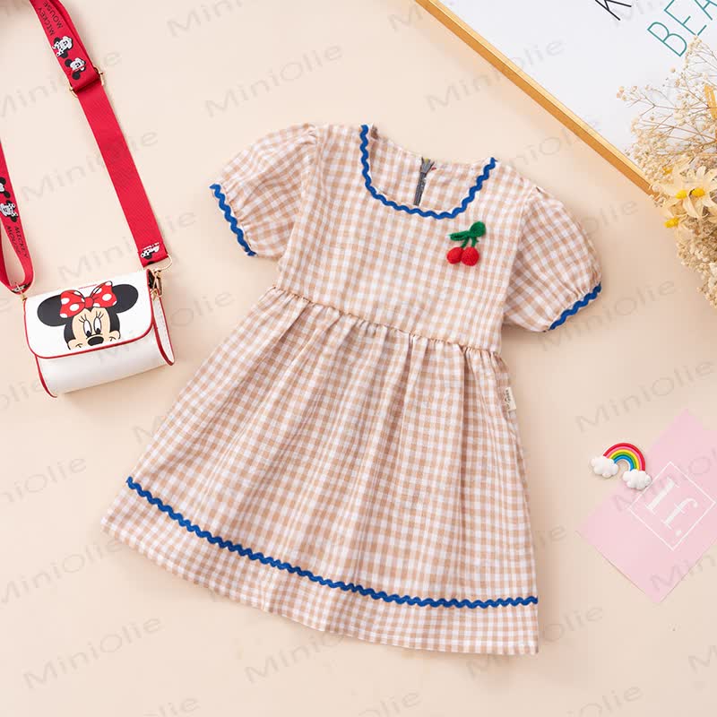 Toddler Girl Summer Gingham Cherry Patch Dress - Beige - 4-5T - image 6