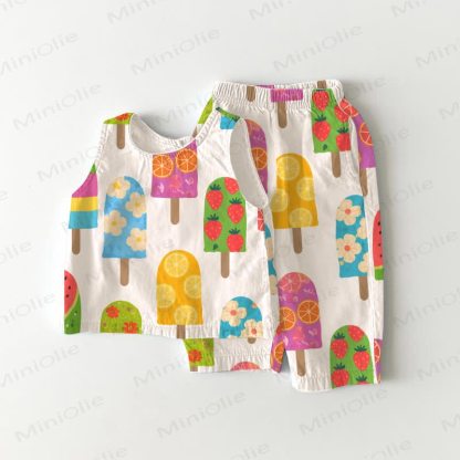 Toddler Colored Ice Cream Pattern Sleeveless 2-piece Set - White - 3-4T - image 1