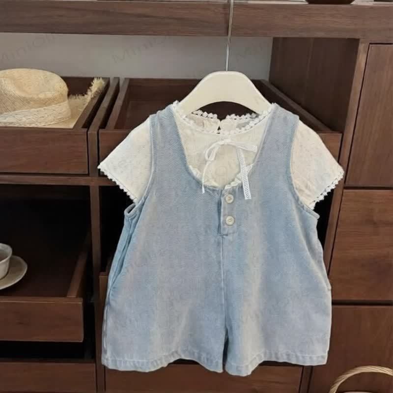 Toddler Girl Summer Tee With Blue Denim Romper Set - Blue - 8-9Y - image 1