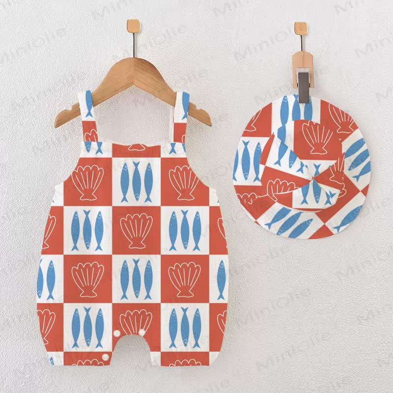 Baby Plaid Sardines and Shells White Romper with Hat - White - 18-24M - image 1