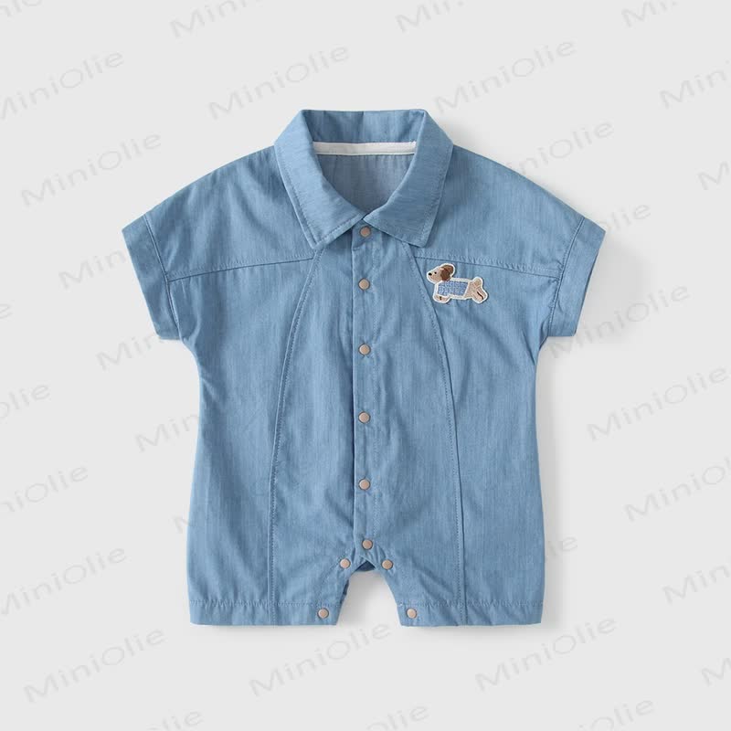 Baby Blue Puppy Jean Romper - image 2