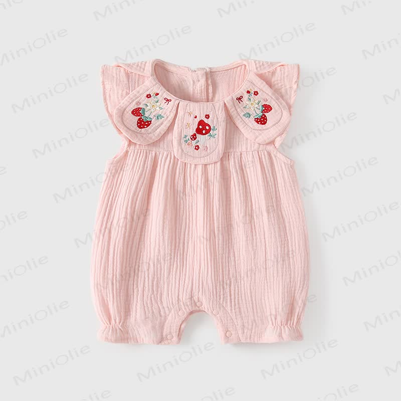 Baby Pink Mushroom and Strawberry Cotton Sleeveless Romper - image 2