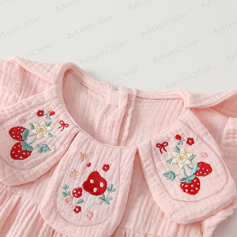 Baby Pink Mushroom and Strawberry Cotton Sleeveless Romper - image 3
