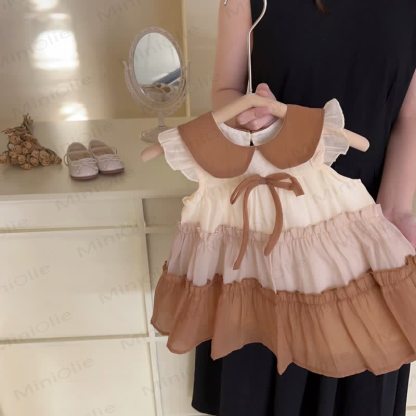 Toddler Girl Brown Bow Cotton Princess Dress - Beige - 8-9T - image 1