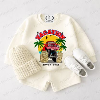 VACATION BIGGEST ADVENTURES Baby Cream White Monster Truck Sweatshirt and Shorts 2-piece Set - Cream White - 3-4T - image 1